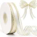 White Organza Ribbon 50 Yards 1 Inch White Organza Gold Edge Sheer Ribbon for Gift Wrapping DIY Craft Christmas Tree Wedding Party Decoration Flower Bouquet Hair Bow Making Christmas Ribbons