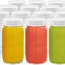 Glass Juice Shot Bottles Set - Wide Mouth for Juicing, Beverage Storage, Liquids, 2 oz, Clear with White Caps, Reusable, Leak Proof, Jars (16 pack)