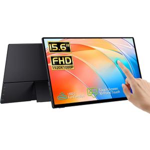 15.6'' Portable Monitor Touchscreen, FHD IPS Touch Screen with Tempered Glass, Travel Monitor with Kickstand & Speaker, HDMI USB C External Monitors for Mac Laptop Phone Computer