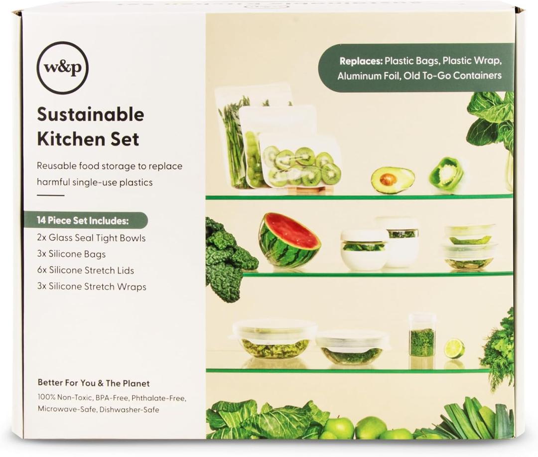 W&P Sustainable Kitchen Set, 14 Pieces (Seal Tight Bowls, Silicone Bags, Stretch Lids & Stretch Wrap) Non-Toxic, Microwave-Safe, Dishwasher-Safe (Cream)