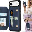 TUCCH Card Wallet Case for iPhone Air (6.5") 2025, RFID Blocking 3 Card Holders, Crossbody Lanyard Strap, Magnetic Closure, Clear ID Window, Undetachable, PU Leather, Shockproof Phone Cover, Dark Blue