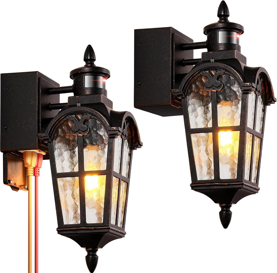 16.4" Motion Sensor Outdoor Lights with GFCI Outlet, 2-Pack ORB Outdoor Porch Light with Water Ripple Glass, 4-Modes Waterproof and Anti-Rust Dusk to Dawn Outdoor Lighting for Garage Patio