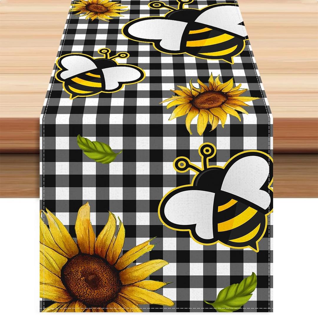2 x Sunflower Bee Table Runner 13*72 inch, Buffalo Plaid Sunflower Bee Table Runner Seasonal Summer Flowers Holiday Plaid Farmhouse Kitchen Dining Table Decoration for Indoor Outdoor Home Party Decor