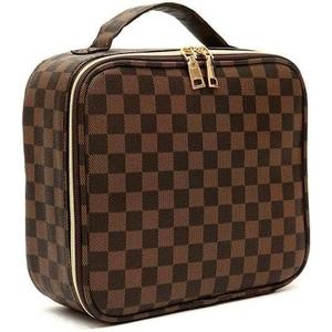 Checkered Makeup Bag - Spacious Travel Cosmetic Organizer with Adjustable Compartments | Waterproof PU Leather Toiletry Bag for Women | Stylish Gift for Christmas, Birthdays, Valentines Day