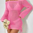 SISKIN Women's Bathing Suit Beach Cover Up Crochet Knit Tops Mesh Hollow Out Dress Drawstring Without Sexy Bikini (Pink, L)