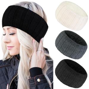 AKTVSHOW Winter Headbands for Women Ear Warmers, Women Wool Headband Fleece Lined, Cold Weather Warm Ear Muffs Thick Knitted Winter Accessories (3 Pack, White, Gray, Black)