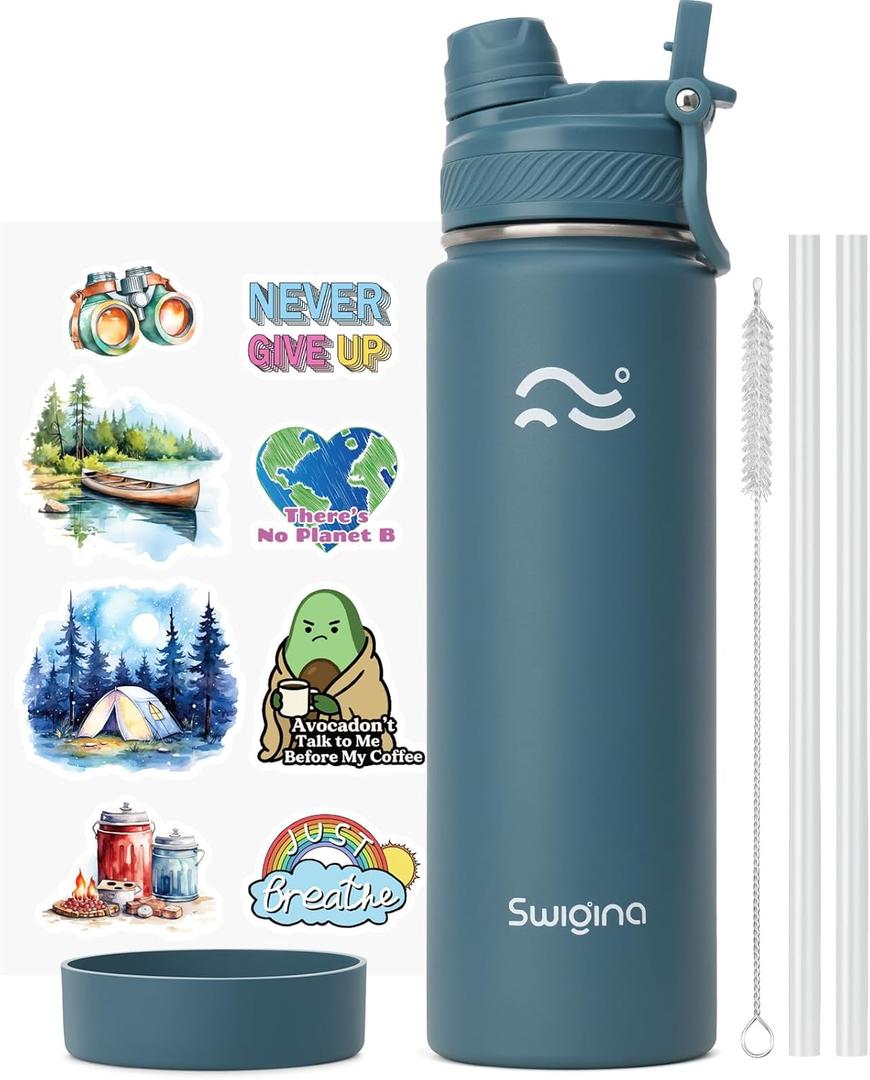 [2-IN-1 LID] Insulated Water Bottle with Silicone Boot (36hrs Cold/18hrs Hot) - DIY Stickers, Leakproof, BPA Free, 24 oz (Cyan)