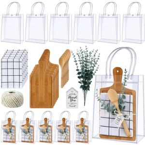 6 Sets Baby Shower Prizes for Game Player Baby Shower Winners Guest Gifts Bamboo Cheese Board Bamboo Spoon Plaid Towel Artificial Eucalyptus Stems Tag Bag for Wedding Bridal Favors(Rectangle)