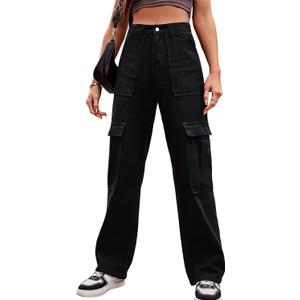 THWEI Cargo Pants for Women High Waisted Casual Baggy Stretchy Wide Leg Y2K Streetwear with 6 Pockets (Small, Black)