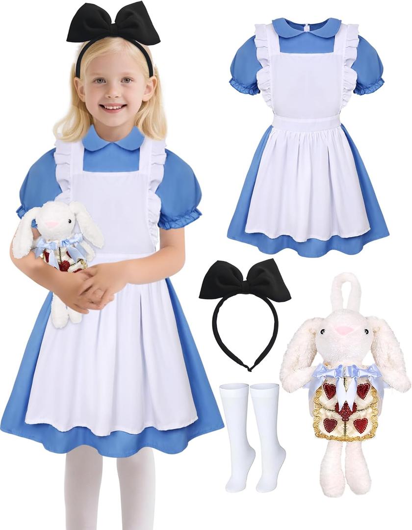 Girls Halloween Costume Kids Blue Dress White Apron with Plush Rabbit Bow Hair Band Socks (7-9year)