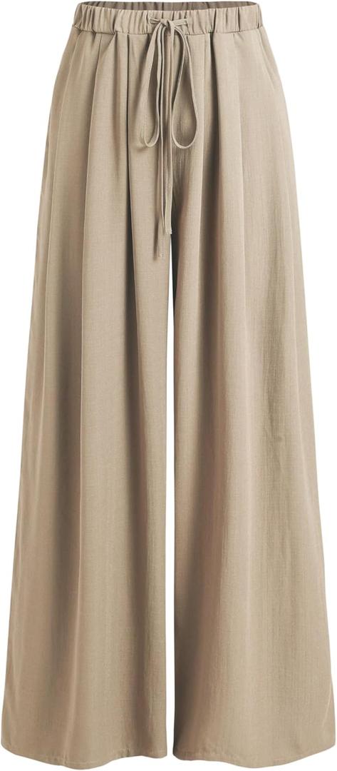 CIDER Palazzo Pants for Women Wide Leg Drawsting Elastic High Waisted Comfy Casual Flowy Pants with Pockets (Medium, Khaki)