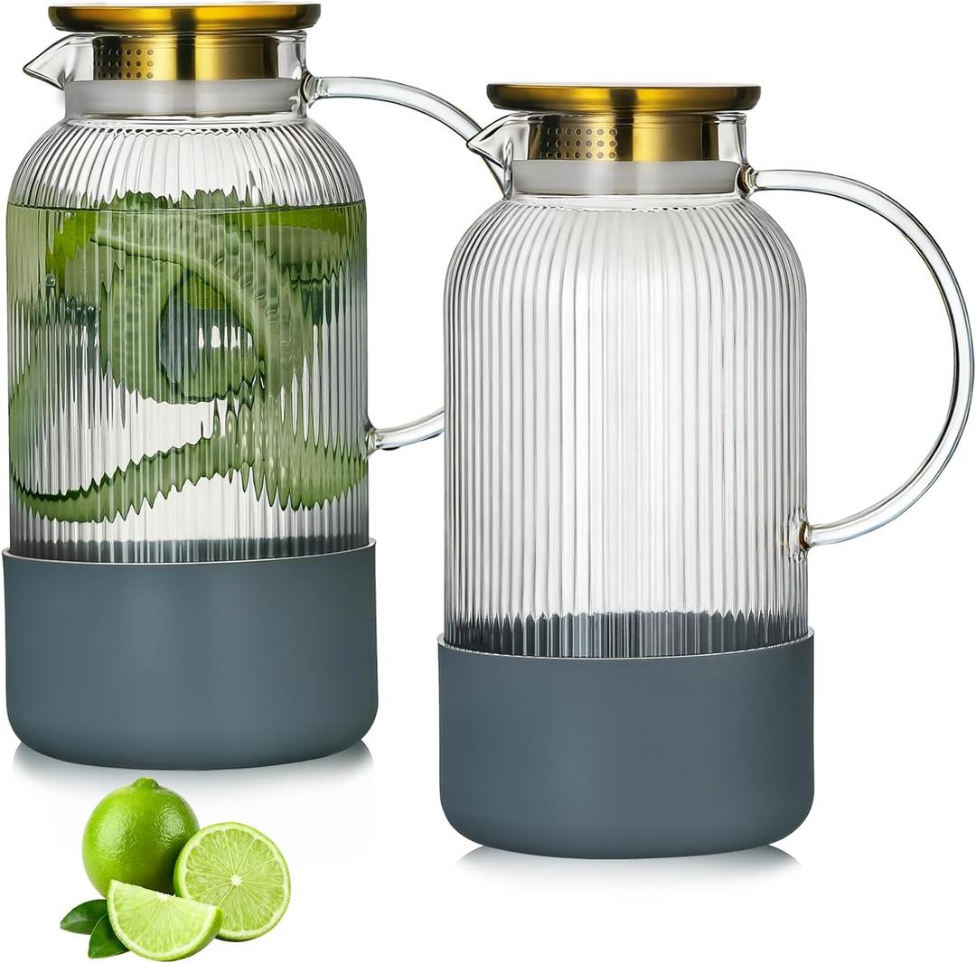 Buaic 2 PACK Glass Pitcher with Lid, 68 oz/ 2 Liter Classic Vertical Stripes Water Pitcher with Silicone Base, Glass Water Carafe for Cold Brew, Coffee, Lemonade, Iced Sun Tea,Beverage,Heat Resistant