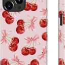 for iPhone 16 Pro Max Case, Wireless Charging Compatible,Dual-Layer Protection with Cute Wildflower, Soft Silicone + Hard Shell, Chic Phone Cover for Women - Sweet Cherry Bows