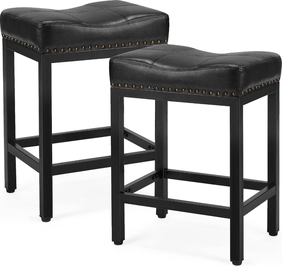 DUMOS Bar Stools Set of 2, 24 inch Counter Height Bar Stools, Upholstered Modern Kitchen Barstools with Metal Base, PU Leather Saddle Stools for Kitchen Island, 17.52" D x 12.8" W x 24.21" H, Black