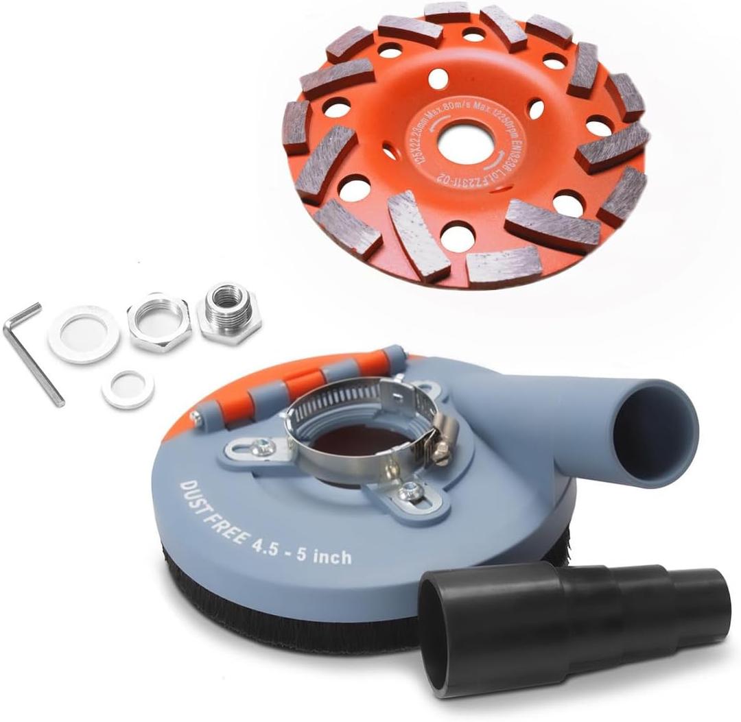Dust Shroud for Angle Grinder 4.5-5 inch + Diamond Grinding Cup Wheel 5 inch, Universal Surface Grinding Shroud with Grinding Wheel for Concrete Surface, Cement, Marble, Rock, Granite