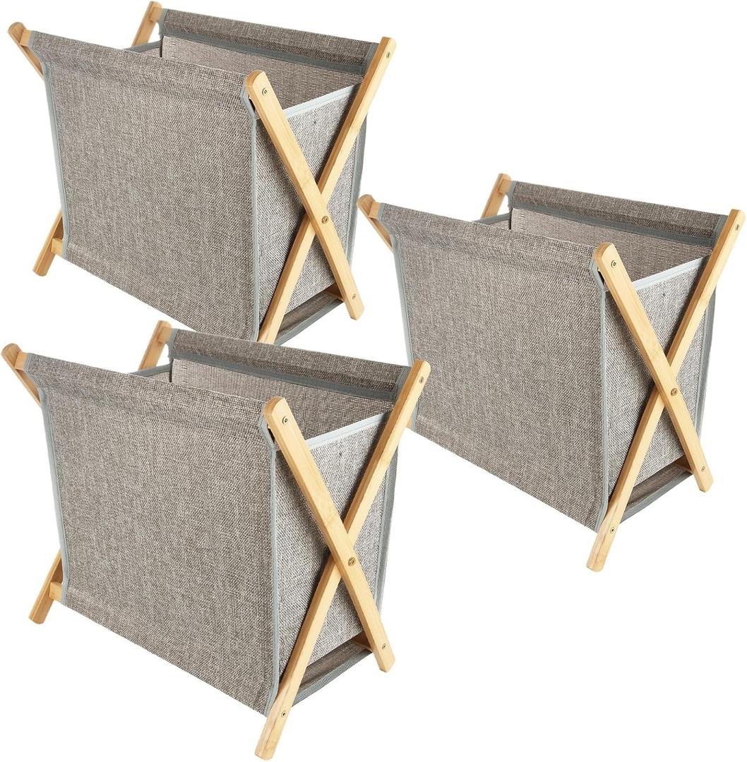 STARVAST 3 PCS Bamboo Laundry Hamper, X-Frame Laundry Basket, Laundry Hamper with Removable Bag, Foldable Laundry Basket for Household-Grey