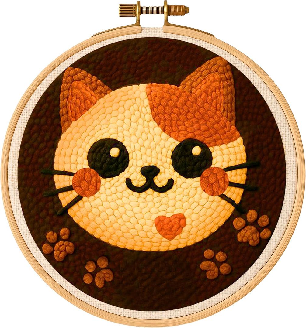 TEKWAVE Punch Needle Kit for Adults Beginners Cat Face Design, Step-by-Step Video Pre-Printed Pattern and Written Instructions, DIY Embroidery Set with Yarn, Fabric, Hoop for Home Decor Crafts