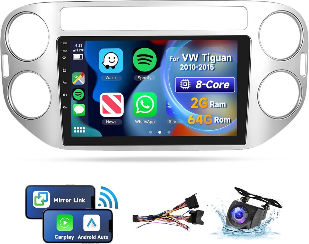 [8 CORE 2G+64G] Car Radio for Volkswagen Tiguan 2010-2015 with Wireless Carplay/Android Auto, 9 Inch Android 13 IPS Touch Screen Car Stereo, Bluetooth, GPS, WiFi, SWC, DSP + Backup Camera