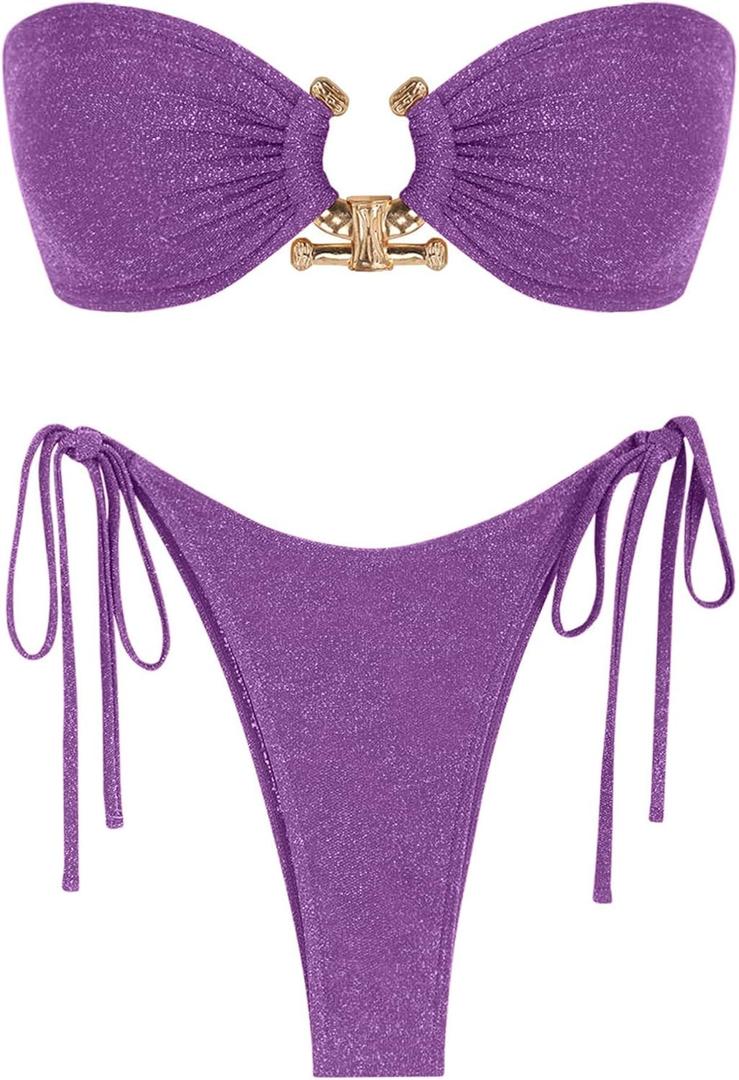 ZAFUL Bikini Sets for Women Strapless Top Sexy High Cut Bathing Suit Bandeau Two Piece Swimsuit String Beach Swim Suit 2026, Small