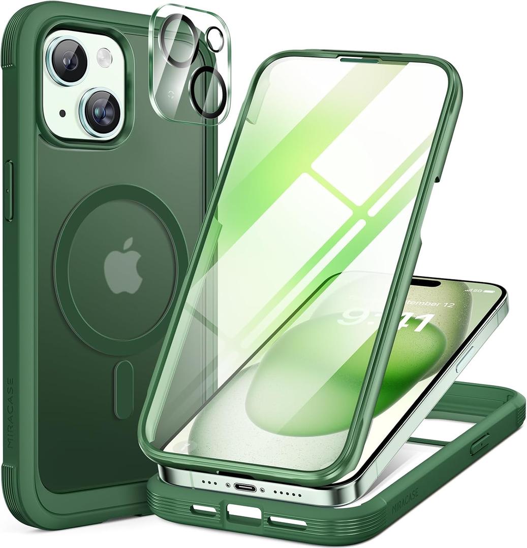 Miracase Glass Series for iPhone 15 Case [Compatible with MagSafe] Full-Body Magnetic Case with Built-in 9H Tempered Glass Anti-Fingerprint Screen Protector + Camera Lens Protector, Matte Green