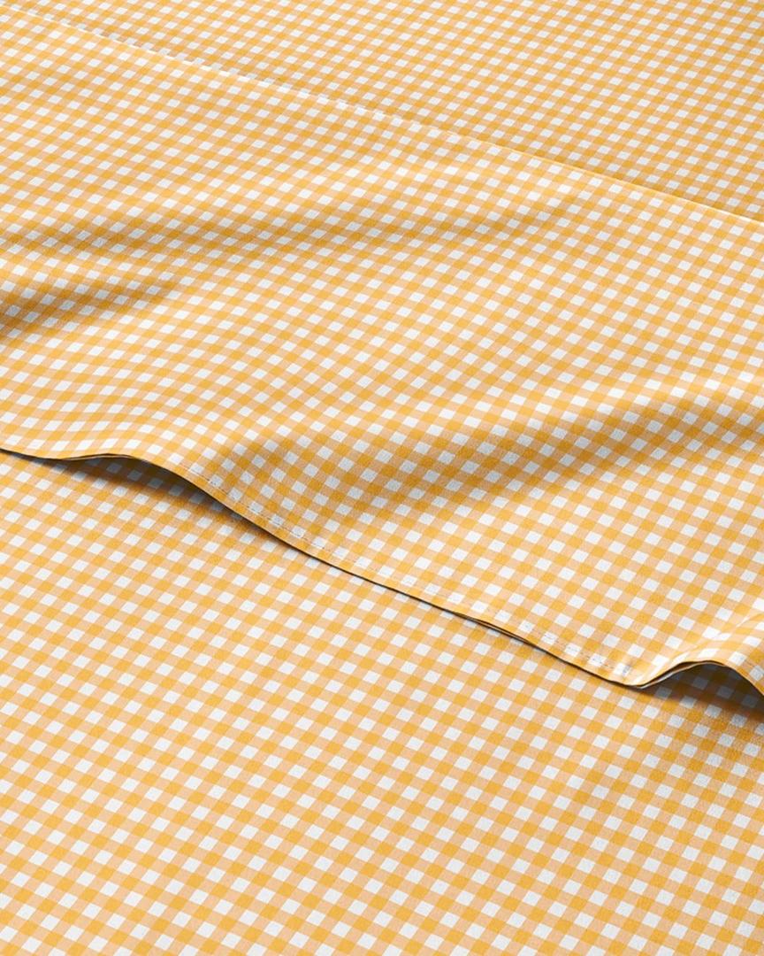 Yellow Gingham Sheets - 1 Flat & 1 Fitted Sheet & 2 Pillowcases w/ Deep Pockets - Grid, Plaid, Checkered Pattern Bed Set - Comfy, Wrinkle & Fade Free - Ultra-Soft, Breathable and Cooling - Queen Size (36 - Orange Gingham)