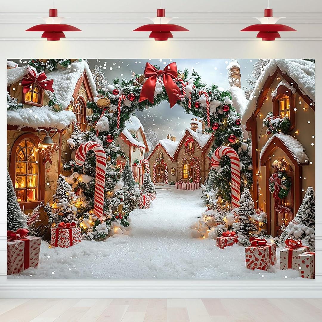 Mocsicka Christmas Backdrop Cane Candy Christmas Photography Backdrop Snow Scene Xmas Party Decoration Holiday Photo Booth Props (10x7ft)