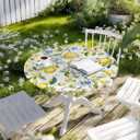 Summer Lemon Round Fitted Tablecloth Farm Fruit Blue Flower Green Leaf Botanical Elastic Table Cloth Waterproof Oil Proof Table Cover Fits 45"-54" Round Tables for Party Picnic Dinner Decor