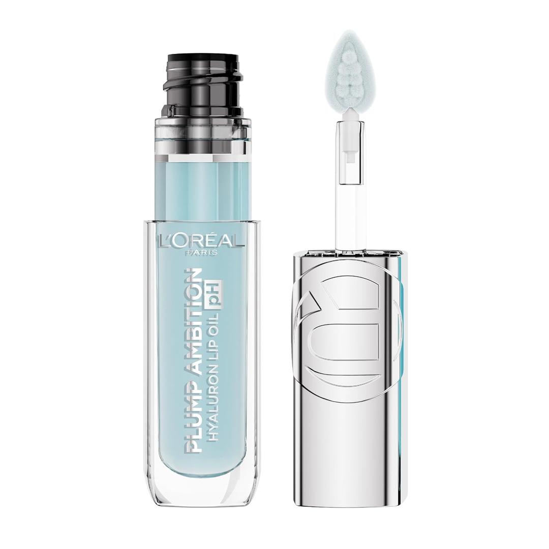 L'Oreal Paris Plump Ambition pH Hyaluron Lip Oil, Color Shifting Lip Tint with 24HR Hydration, Volumizing Shine and Lasting Color, 010 pH Cristal Ice