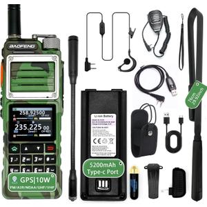 BAOFENG UV-25 PRO 10W Heavy Duty Radio Handheld Tri Band Baofeng Waterproof Radio Tri Band Ham Radios 999CH 5200MAh BatteryType-C Charging UHF VHF MW FM Air NOAA Multi-Band Receiver (Green)