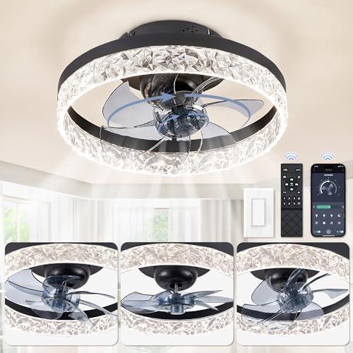 ZMISHIBO Oscillating Ceiling Fans with Lights, Low Profile Ceiling Fan with Light and Remote, Flush Mount Ceiling Fan, Reversible, Dimmable, Noiseless, 15.7 inch Small Ceiling Fans for Bedroom - Black