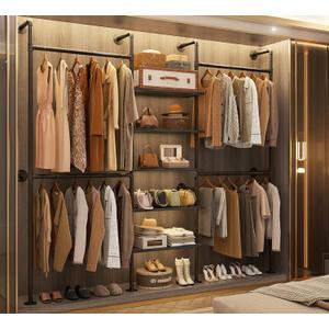 Aheaplus Industrial Pipe Clothing Rack, Reversible 6.42FT Clothes Rack for Hanging Clothes, Heavy Duty 5 Tier Wardrobe Closet Garment Racks with Shelves, Corner Closet Organizer System, Black Oak