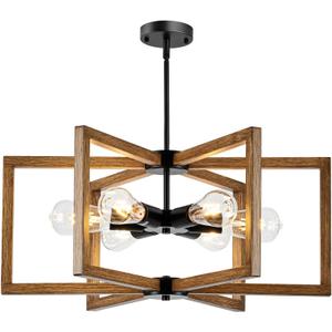 6 Light Farmhouse Chandelier, 23.62" Modern Chandelier for Entryway with Wooden Finish Industrial Rustic Hanging Pendant Light for Bedroom,Kitchen,Foyer,Living,Dining Room Lighting Fixtures
