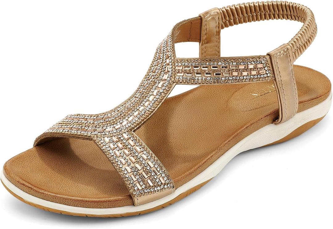 UBFEN Flat Sandals For Women Dressy Arch Support Comfortable Casual Sandal With 2026 Rhinestone Braid Elastic Strap Summer Vacation (Gold, M)