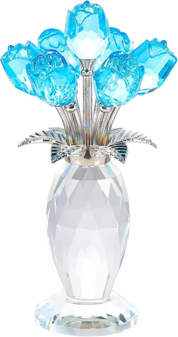 YWHL Crystal Lake Blue Rose Flower Bouquet Figurine with Vase, Handmade Glass Rose Flowers Gifts for Women on Mother's Day Valentine's, Crystal Roses with Stem Home Table Decor for Christmas