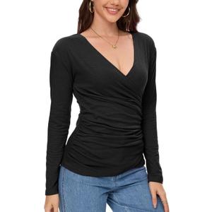 Long Sleeve Wrap Tops for Women, Ruched V Neck Wrap Top Slim Fit Business Casual Shirt Fall Outfits Black (S)