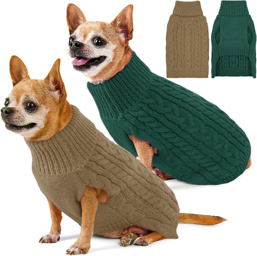 2 Pack Dog Sweaters for Small Dogs Turtleneck Pullover Cable Knit Puppy Stretch Clothes Chihuahua Yorkie Pomeranian Toy Poodle Boy Girl Pets Winter Doggie Clothes (XS, Green & Brown)