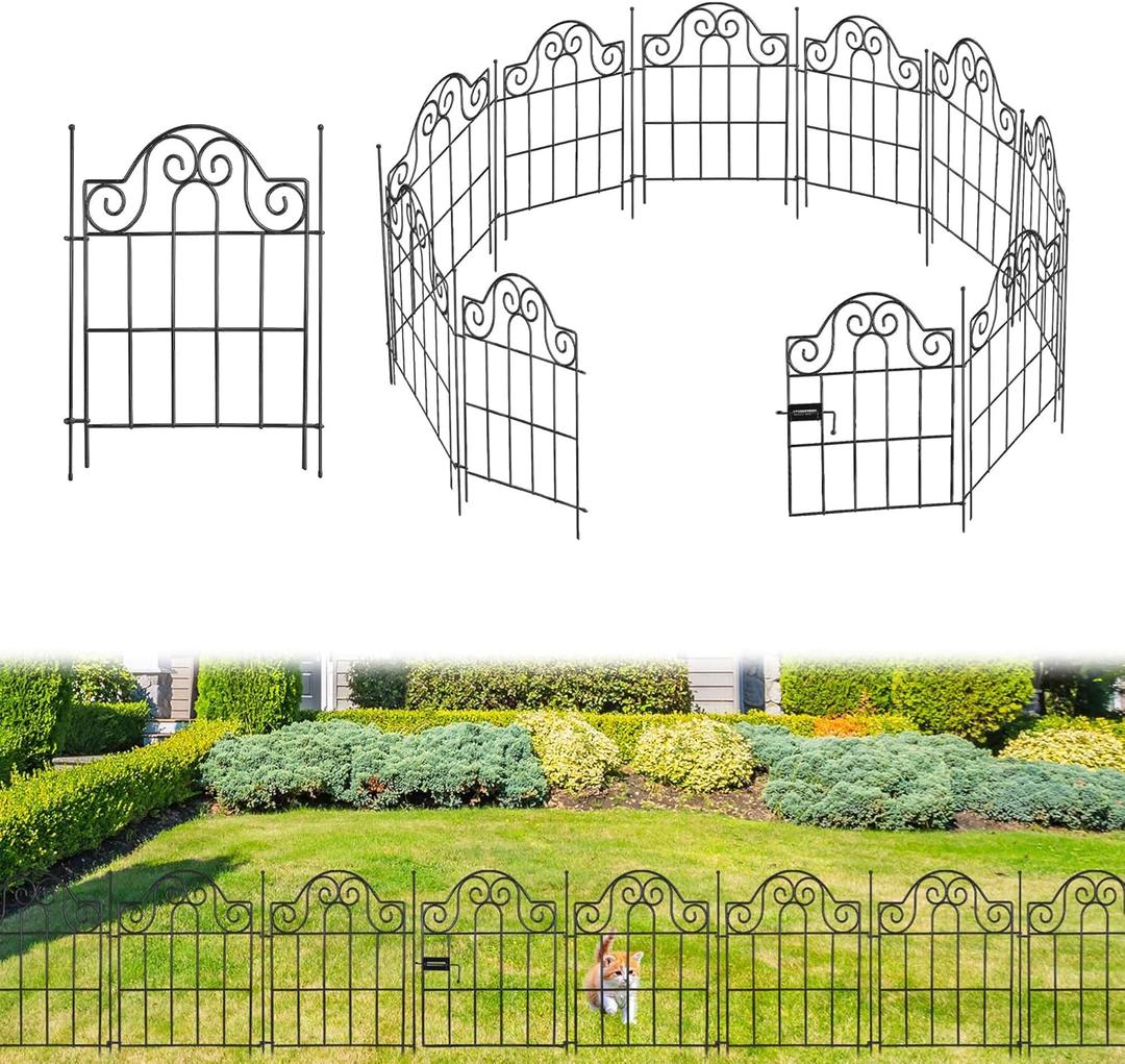 Tall Garden Fence Animal Barrier Fence with Gate, 17 in(H) x 13 in(W) 10 Panels Total 8.7 Ft Dog Fences Temporary Borders with 8 Pads Portable Ropes for Anti Dog Defense Fences Outdoor