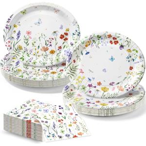 OuMuaMua Large Wildflower Plates and Napkins Party Supplies for 100 Guests,10" x 12" Heavy-Duty Floral Paper Plates Set for Mother's Day,Baby Shower,Birthday,Tea & Garden Party Decor 2 Floral Designs