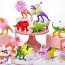 Weysat 27 Pcs Colorful Dinosaur Cake Topper Animals Figures Birthday Party Decorations with Mini Birthday Hat with Pom Poms Animals Cupcake Toppers Decoration with Mini Skirt for Themed Party