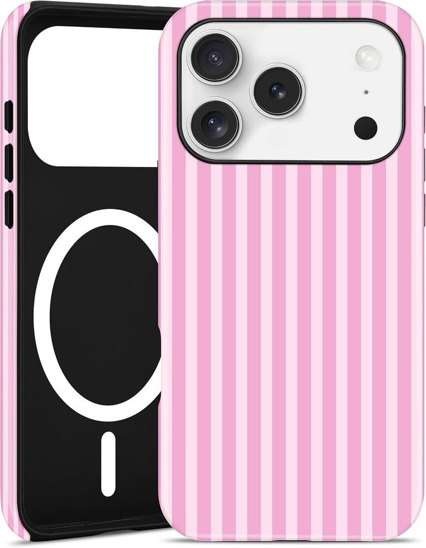 Jusy Compatible with MagSafe Striped Case for iPhone 17 Pro, Cute Aesthetic Striped Magnetic Phone Case, Soft TPU and Hard PC Protective Phone Cover for Women GirlsMatte - Dark Pink