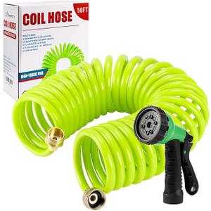 Recoil Garden Water Hose 3/8"ID x 50ft Premium With 3/4"Inch Brass Fittings Retractable, Swivel Female, Outdoor Patio Hose Marine&Boat, Transparent Green(25')