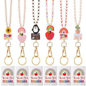 Liliaafar 6 Pcs Teacher Lanyards for ID Badges Gift with 6 Pcs Teacher Thank You Appreciation Cards Bulk Wooden Beaded Lanyard for ID Badge Holder and Keys Cute Back to School Office Appreciation Gift