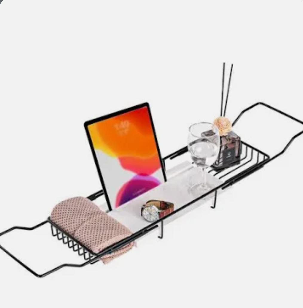 MARBBNEST Bathtub Tray Caddy for Luxury Bath Expandable Extra Wide Bath Tub Tray with Natural Marble Tray and Mobile/Tablet Stand, Ideal for Home Spa Lovers (Black + Jazz White)