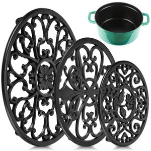 LEIFIDE 3 Pcs Cast Iron Trivet with Pegs Round Metal Trivet with Vintage Pattern 11.4'', 8'', 5.2'' Rustproof Heat Resistant Hot Pot Plate Stand Holder Mat Pad for Kitchen Dining Countertop, Black