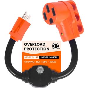 Overload Protector 50 Amp to 110 Volt RV Adapter with Circuit Breaker, 50 Amp to 15 Amp / 20 Amp Household Adapter/Not for EV, NEMA 5-15P to NEMA 14-50R Power Adapter with LED Power Indicator