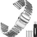 Stainless Steel Watch Band 18mm 20mm 22mm 24mm, Solid Polished Mesh Watch Bands Silver Black Rose Gold Watch Bracelet with Double-Lock Deployment Clasp Watch Strap for Men Women