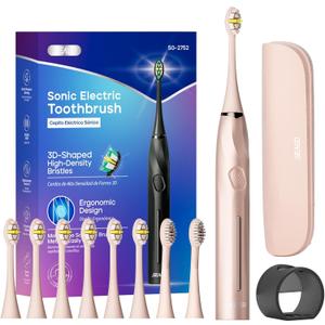 SEAGO Electric Toothbrush with 8 Soft Bristle Heads for AdultsPressure Sensor, 5 Modes with 2 Minutes Build in Smart Timer,Rechargeable Travel Toothbrush with Brush Hold and Travel Case(2752Pink)