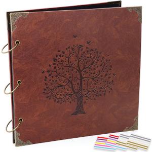 Photo Album Scrapbook, 12x12 inch 50 Pages Vintage Leather Cover Big Three-Ring Binder Family Picture Booth DIY Scrapbooking Albums with 408pcs Self Adhesive Photos Corner for Memory Keep, Tree