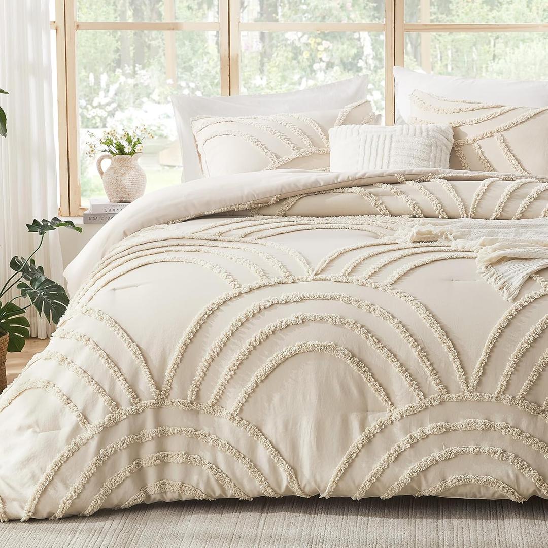 ENJOHOS Boho Queen Comforter Set Beige Tufted Rainbow Bedding for Queen Size Bed, Boho Chic Decor, 3 Pieces Lightweight Fluffy Soft Microfiber Cream Comforter with 2 Pillow Cases for All Season