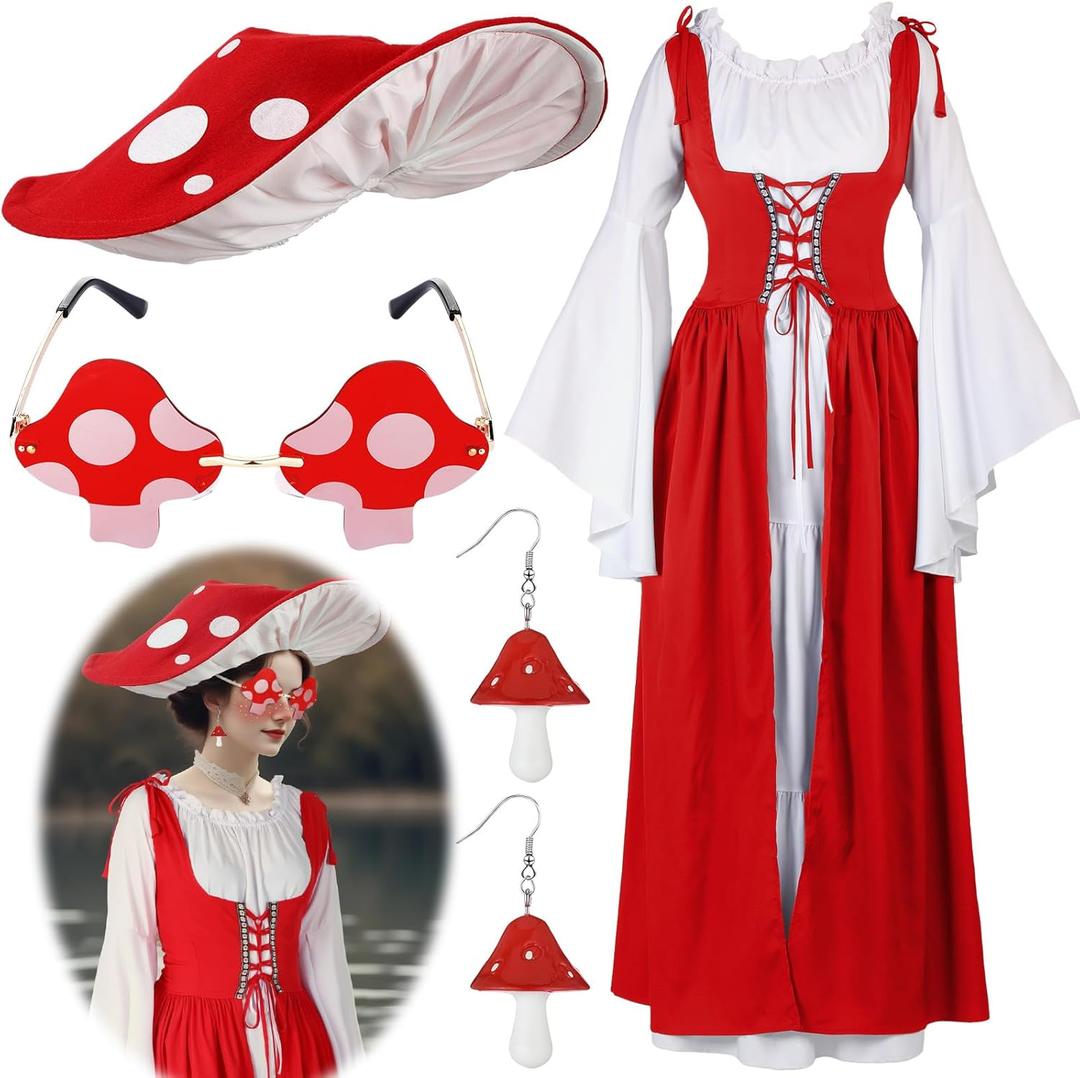 Zoooyawn Renaissance Mushroom Medieval Costume with Hat Sunglasses Dangle Earrings Women Victorian Fairy Dress Cosplay (2XL-3XL)